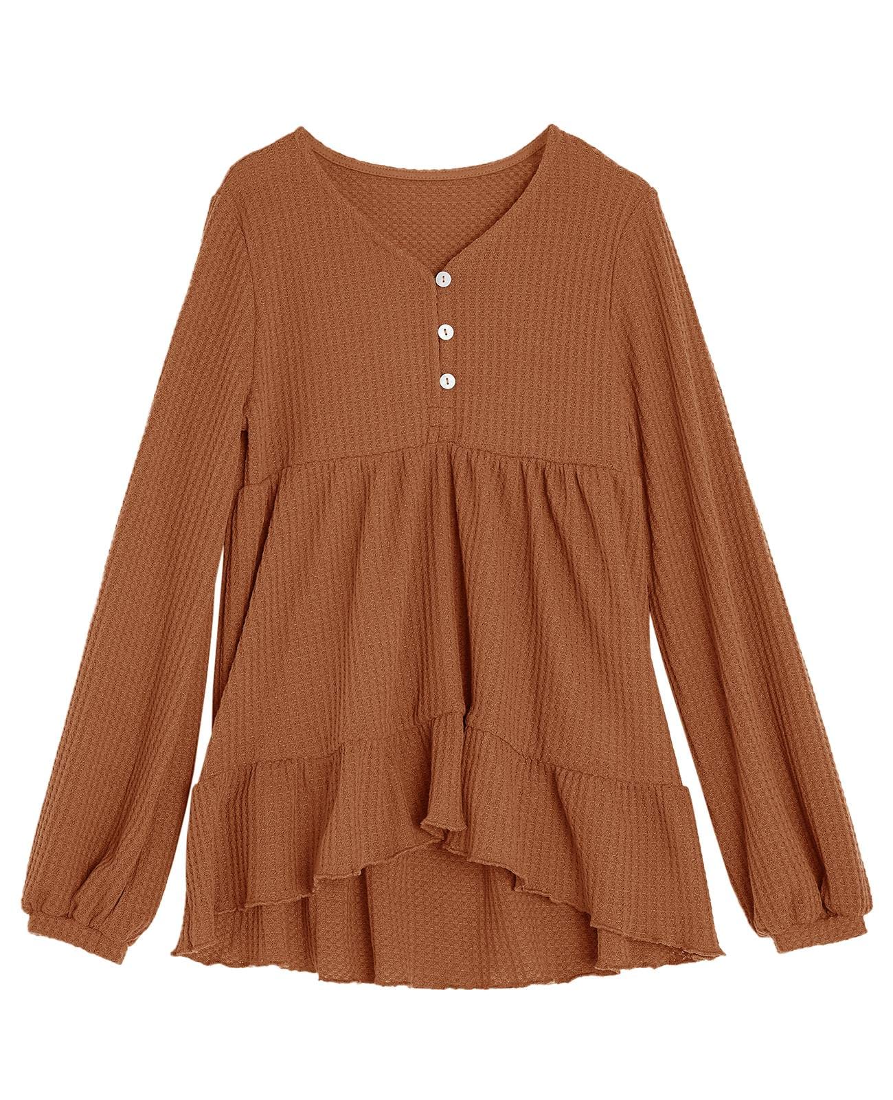 Popheartgo Girls Waffle Knit Tunic Top - Cute Babydoll Peplum Blouse with Ruffles & High-Low Hem - Loose Long Sleeve Jumper for Kids - Perfect for School, Playdates & Casual Outings