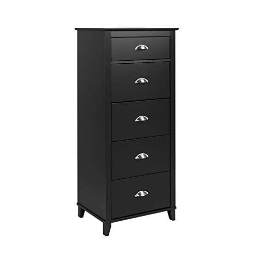 Prepac Yaletown 5-Drawer Tall Chest Dresser - Black Wooden Storage Cabinet for Bedroom, Closet & Office Organization