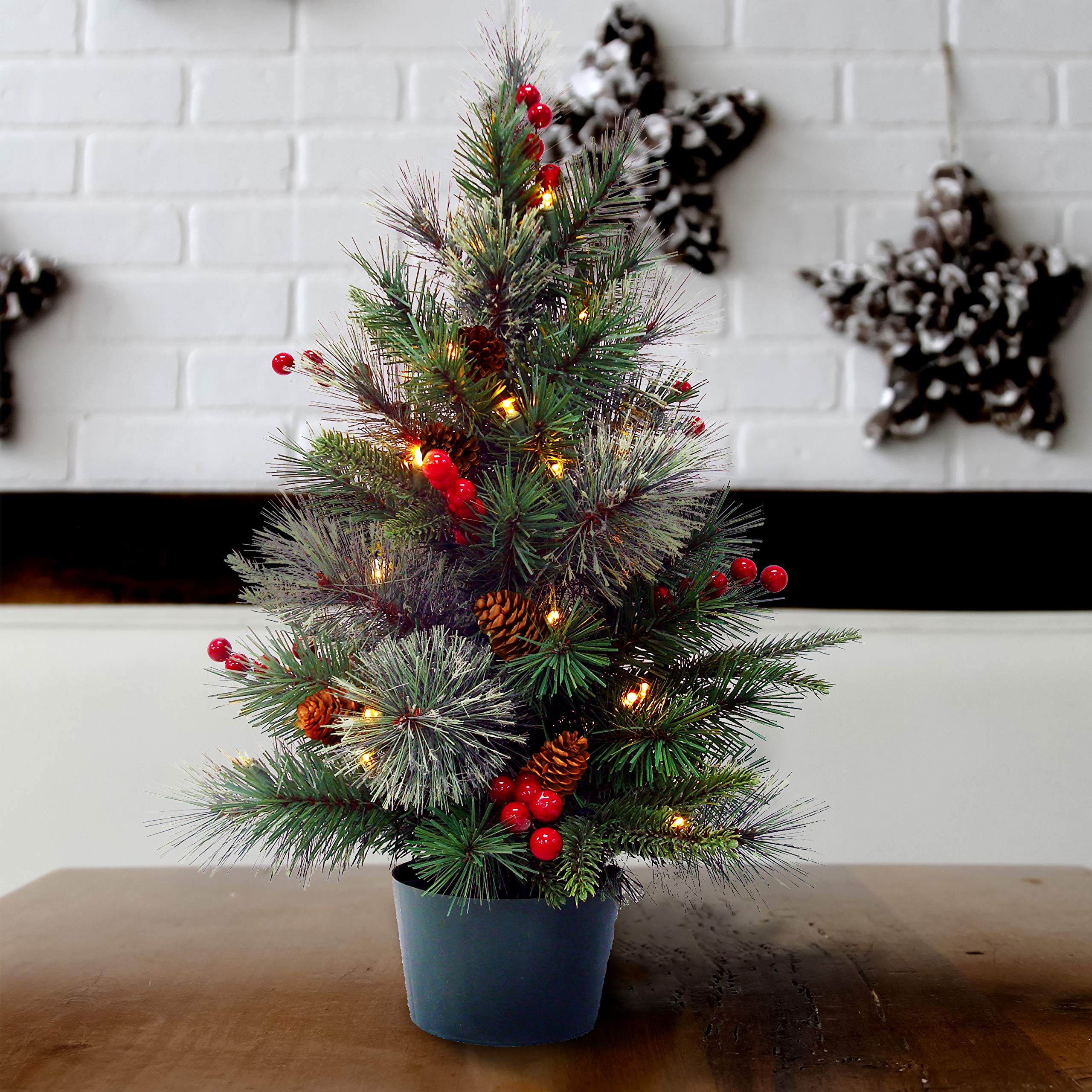 National Tree Company 'Feel Real' 2 ft Flocked Artificial Christmas Tree with Mixed Decorations & White LED Lights – Perfect for Home, Office, and Holiday Decor