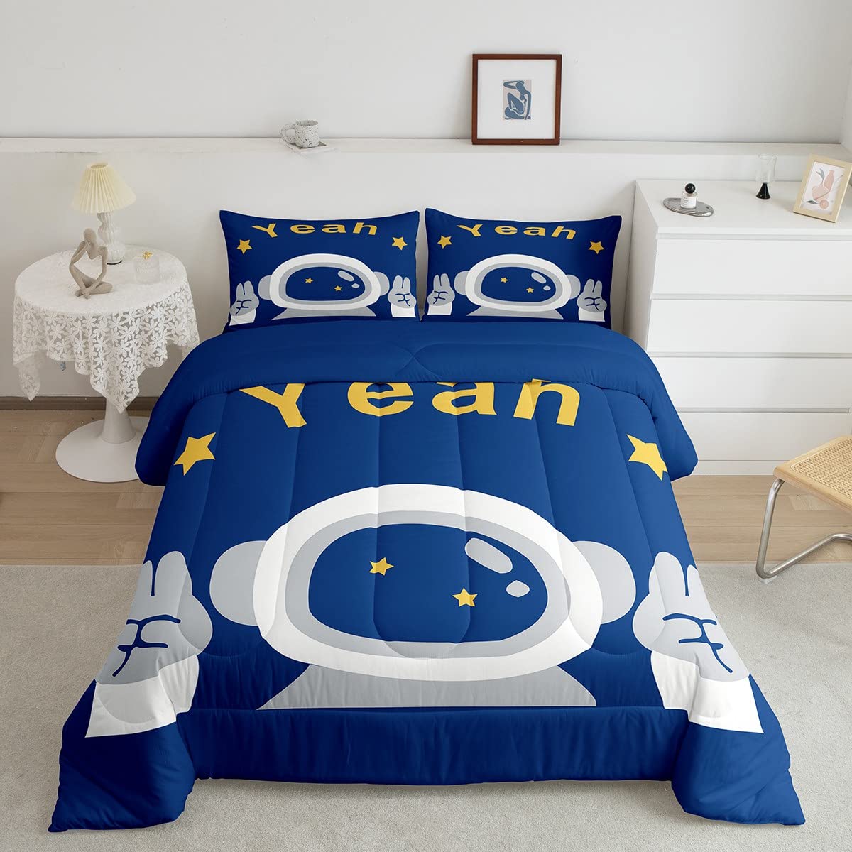 Castle Fairy Kids Cartoon Astronaut Twin Size Comforter Set - Space Themed Bedding for Boys' Room Decor | Blue Polyester Quilt with Yellow Stars Print & 1 Pillowcase | Perfect for Christmas Gifts, Birthday Presents & Kids' Bedroom Makeover