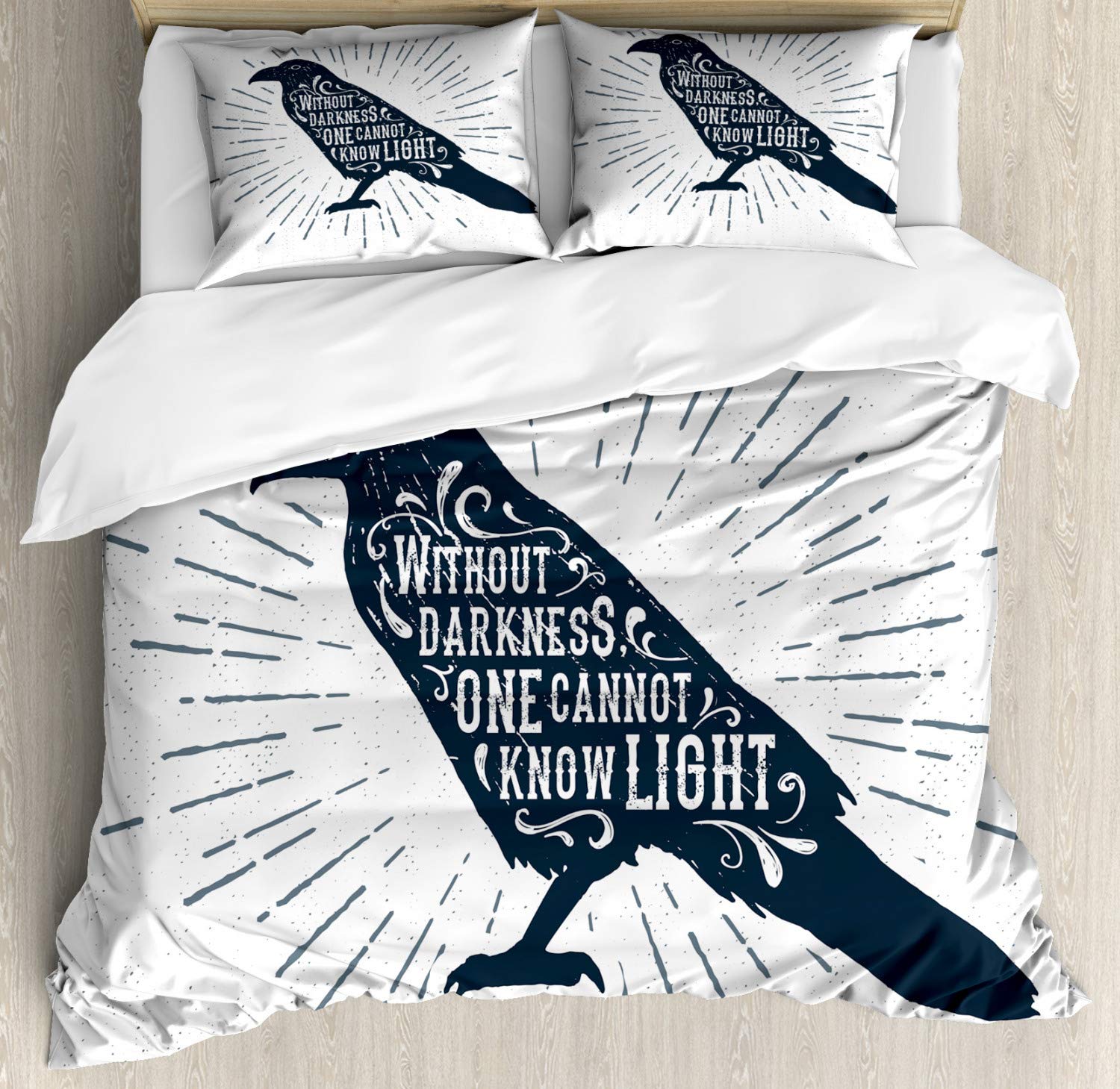 Gothic Raven Duvet Cover Set - Queen Size 2 Pack with 2 Duvet Covers & 4 Pillowcases - Dark Blue & White Grunge Style Bedding - Inspirational Wisdom Quotes - Perfect for Gothic & Bohemian Bedroom Decor