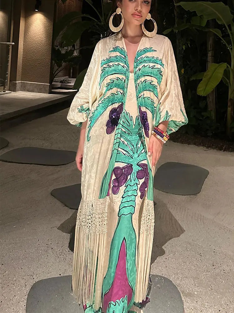 Fashion Women's Spring Print V-Neck Contrast Maxi Dress - Slim Fit Long Sleeve Elegant Vestidos for Vacation, Streetwear & Casual Outings