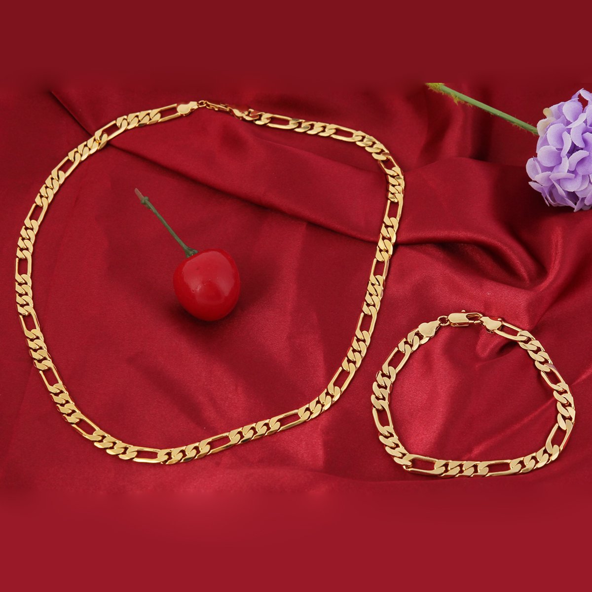 24K Gold Plated Men's Figaro Chain Necklace & Bracelet Set - Durable & Stylish Jewelry for Gifts, Parties, and Everyday Wear