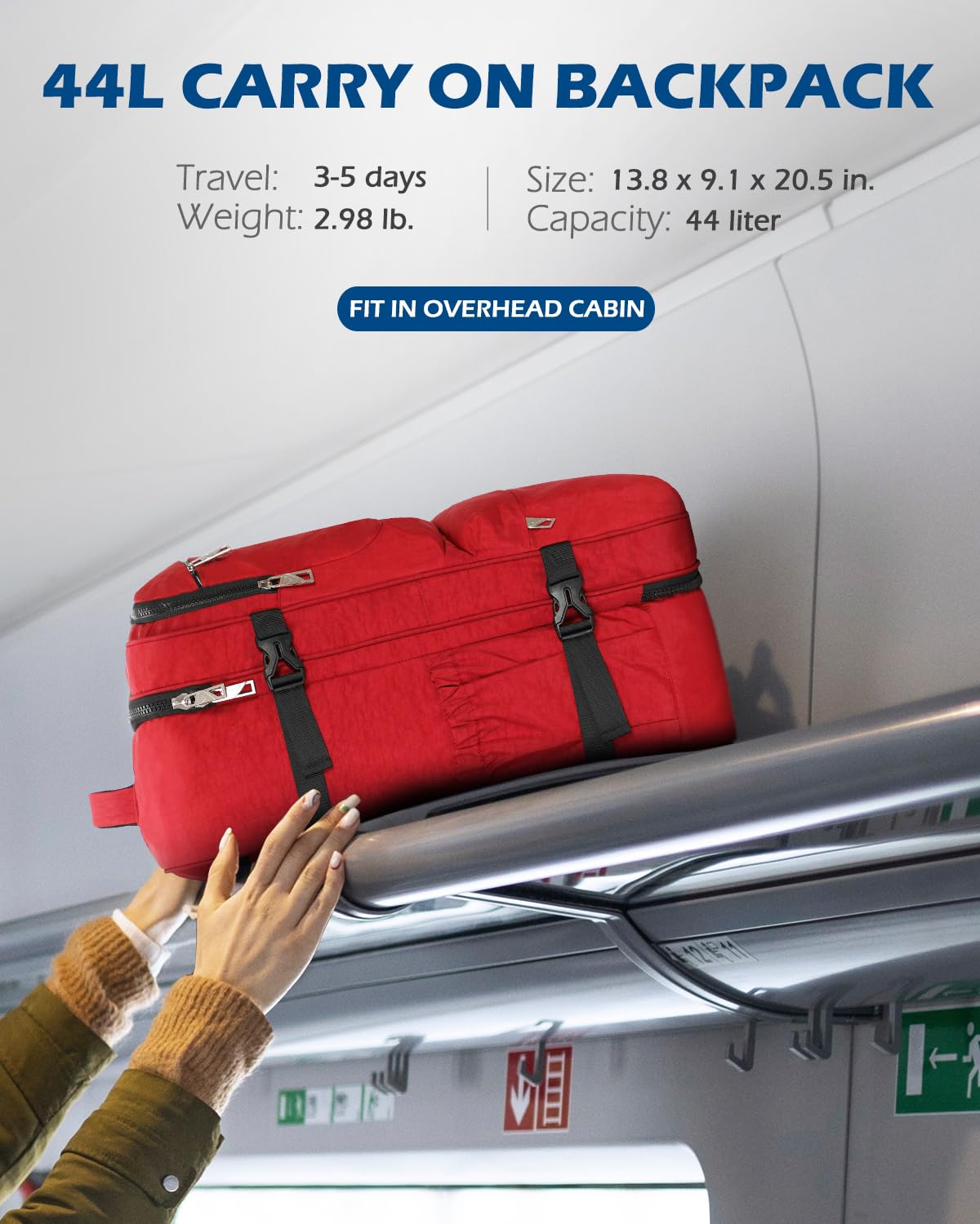 Hynes Eagle 44L Airline Approved Carry On Backpack for Men & Women - Large 17 Inch Laptop Travel Backpack, Nylon Weekender Overnight Bag (Red) - Perfect for Business Trips, College, Hiking & Air Travel