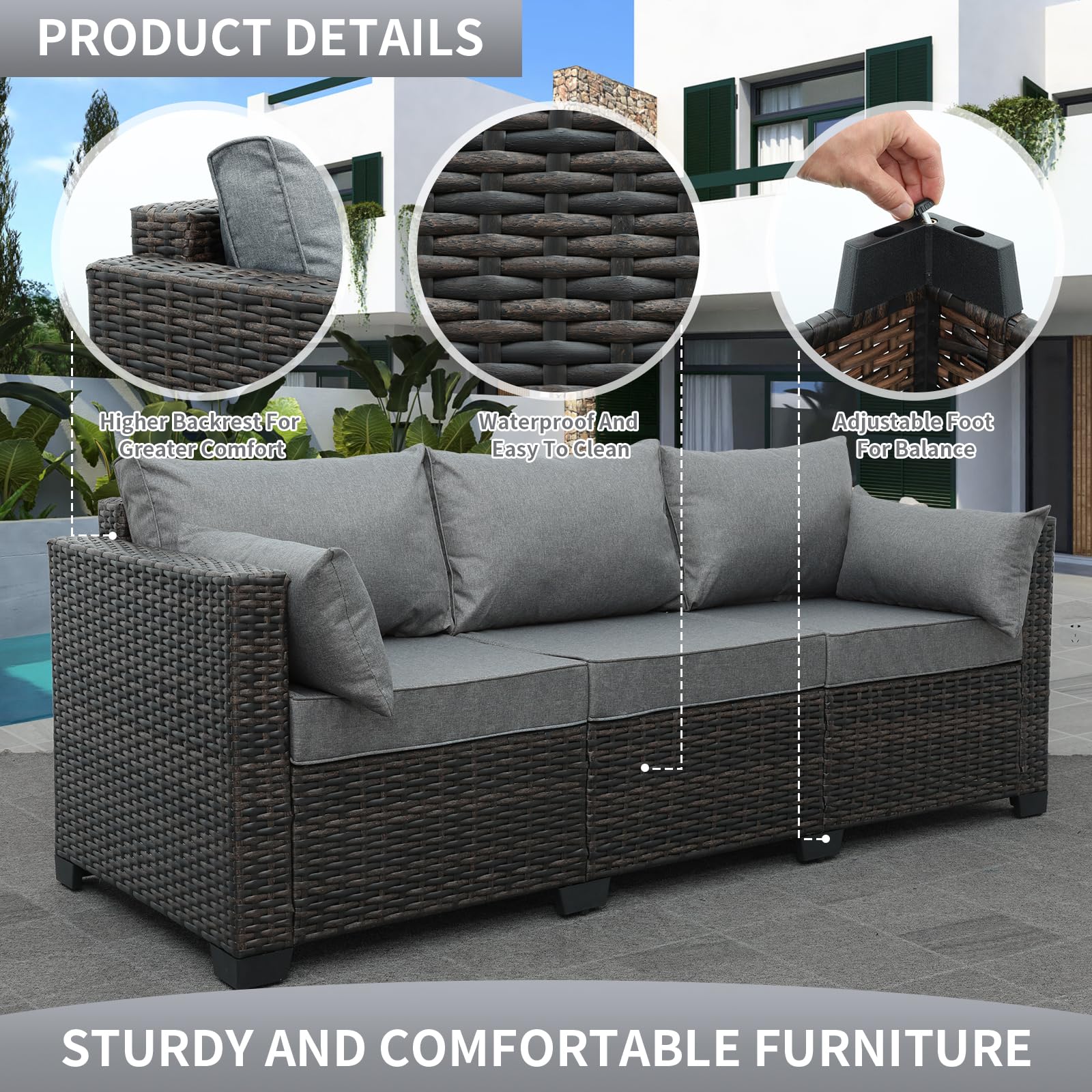 3-Seat PE Wicker Patio Sofa Set - Outdoor Rattan Furniture with Washable Grey Cushions - Brown Weather-Resistant Garden, Poolside & Backyard Lounge Seating