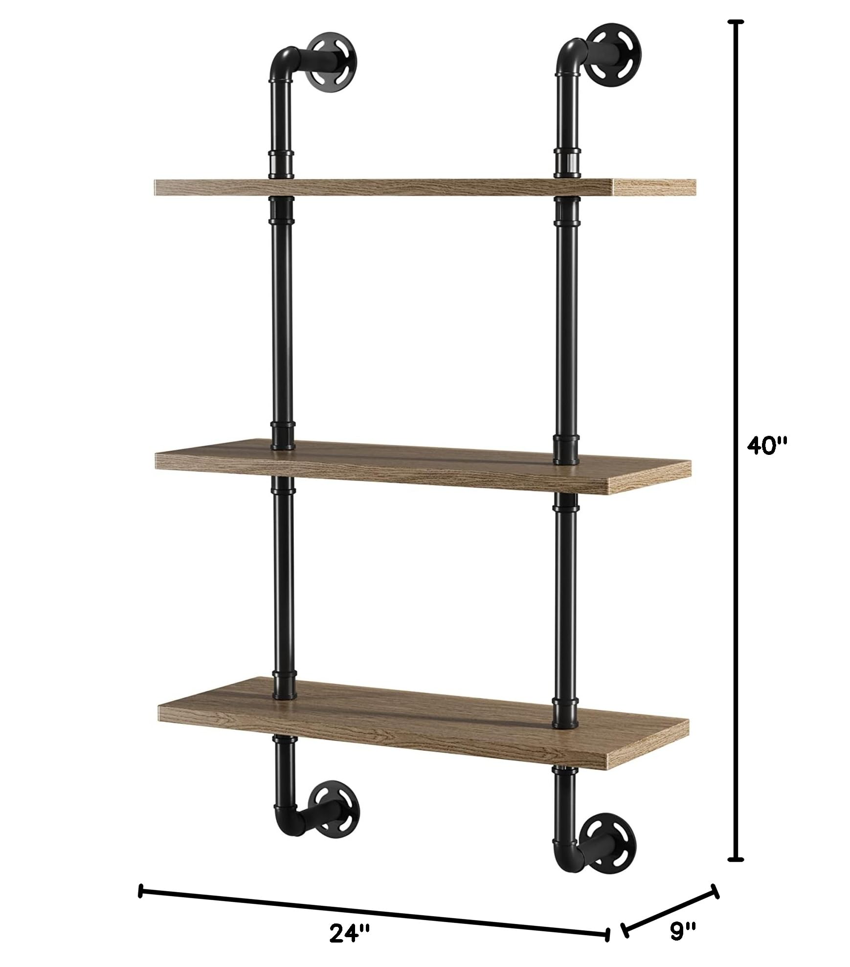PayLessHere 24-Inch Industrial Pipe Floating Bookshelf - Metal Wall-Mounted Storage Shelf with Wood Towel Racks | 3-Tier Hanging Shelf for Bathroom, Bedroom & Living Room | Space-Saving Home Organization Solution