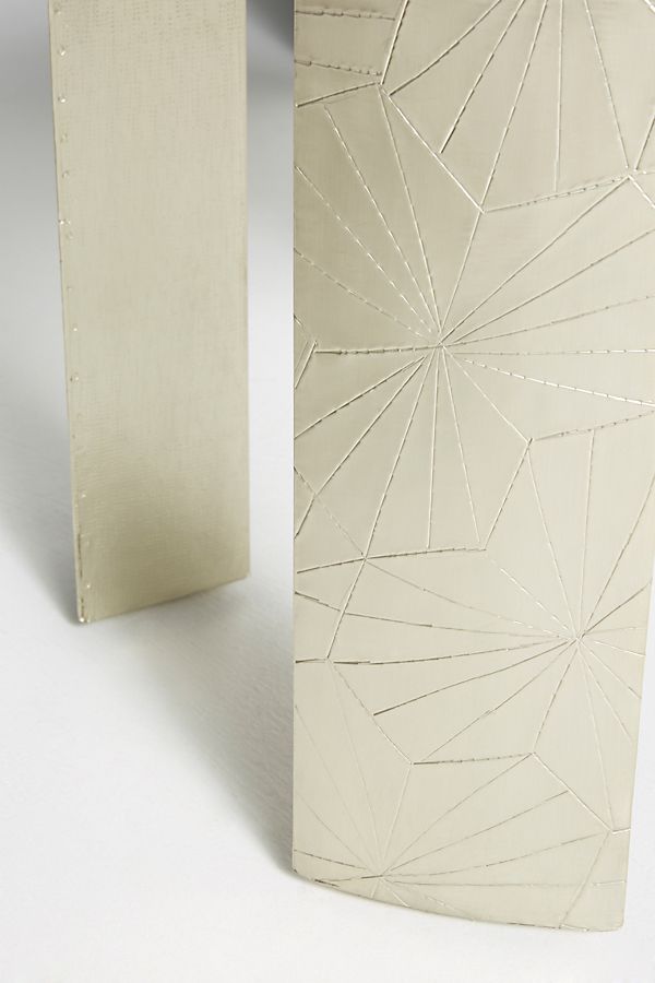 Handmade Custom Floral Embossed Side Table - White Metal Brass Round Accent Table for Living Room, Bedroom & Office Decor