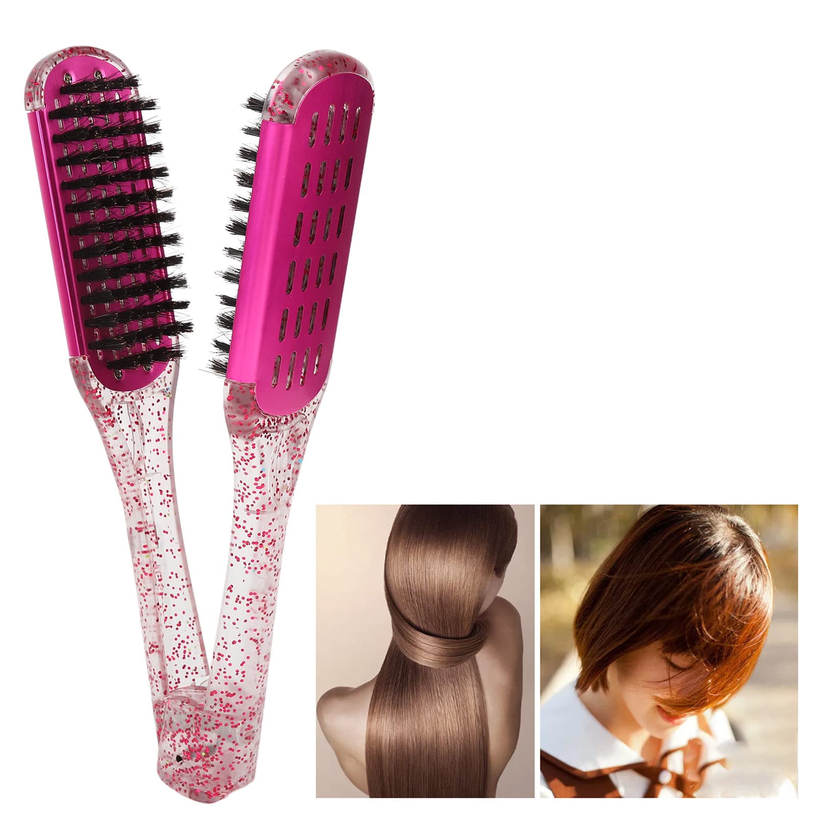 Professional Hair Straightening Comb for Women - Dual-Sided Soft Bristle Flat Iron Brush with Hollow Design, Heat Resistant Styling Tool (Rose Red) - Perfect for Home Salon & DIY Hair Styling