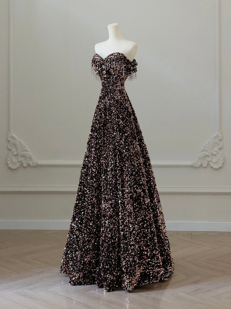 Elegant Off Shoulder A-Line Coffee Gold Sequin Long Prom Dress | Formal Evening Gown for Homecoming, Wedding, Party | Perfect for Special Occasions & Red Carpet Events