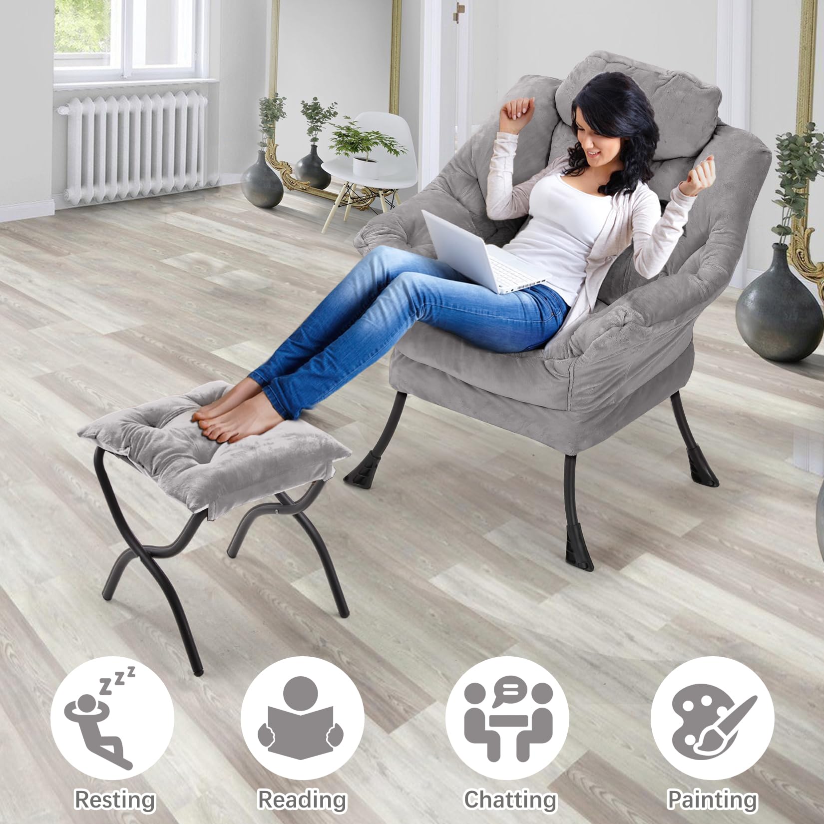 Comfortable Lazy Chair with Folding Ottoman - Soft Fabric Armchair with Armrests & Side Pockets - Reading Chair with Footrest for Living Room, Bedroom, Office (Plush Light Grey) - Perfect for Relaxing, Napping & Watching TV at Home