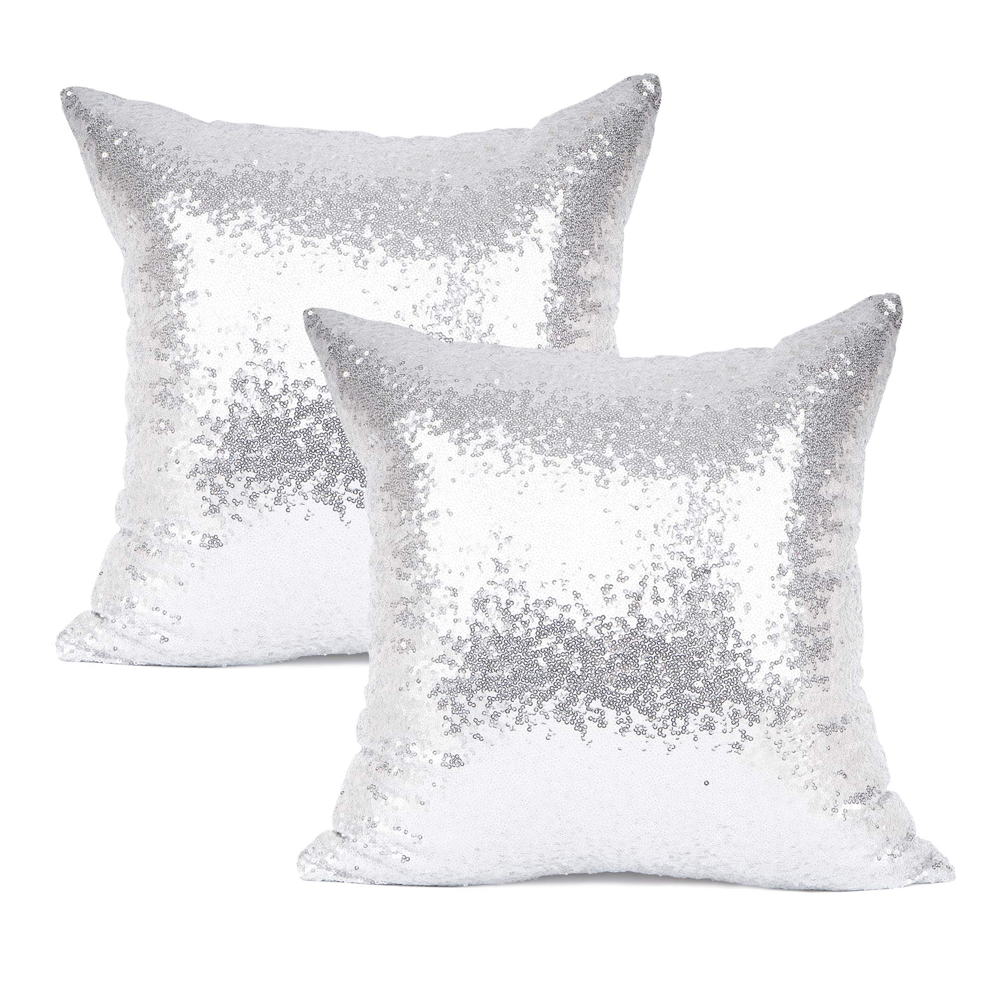 Luxury Silver Sequin & Satin Throw Pillow Cover Set of 2 - 18x18 Inch Glamorous Decorative Cushion Case for Wedding, Christmas, Home Decor, Sofa & Bedroom Accent