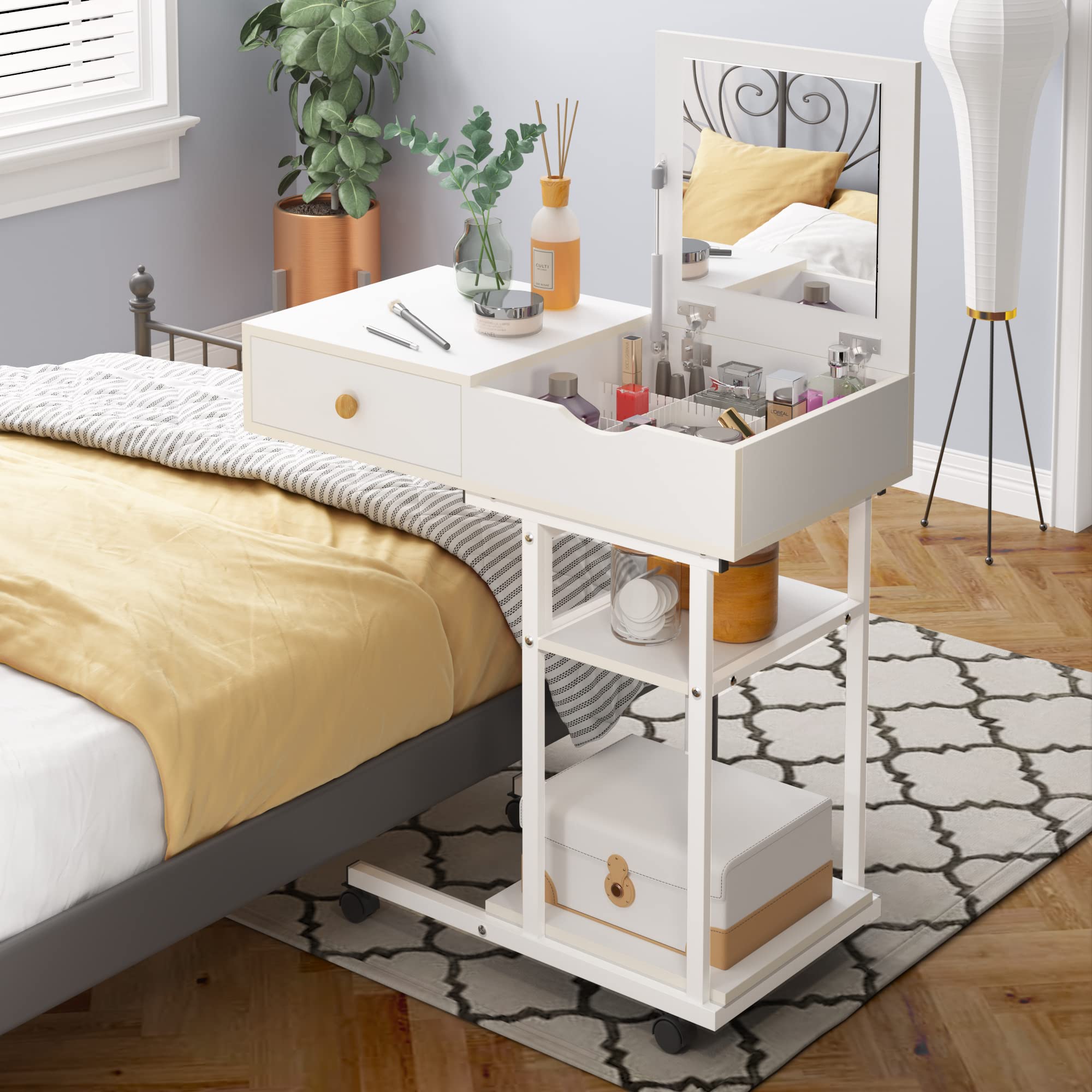 Elephance Adjustable Vanity Desk with Mirror - Compact Makeup Dressing Table & Computer Desk with Storage Drawers & Shelves for Small Bedrooms | Perfect for Daily Beauty Routine & Home Office Workspace
