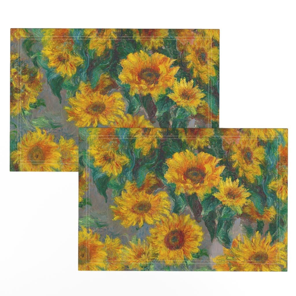 Monet Sunflower Print Linen Cotton Canvas Placemats (Set of 2) - Waterproof & Washable Table Mats for Dining, Kitchen Decor, and Picnic Use