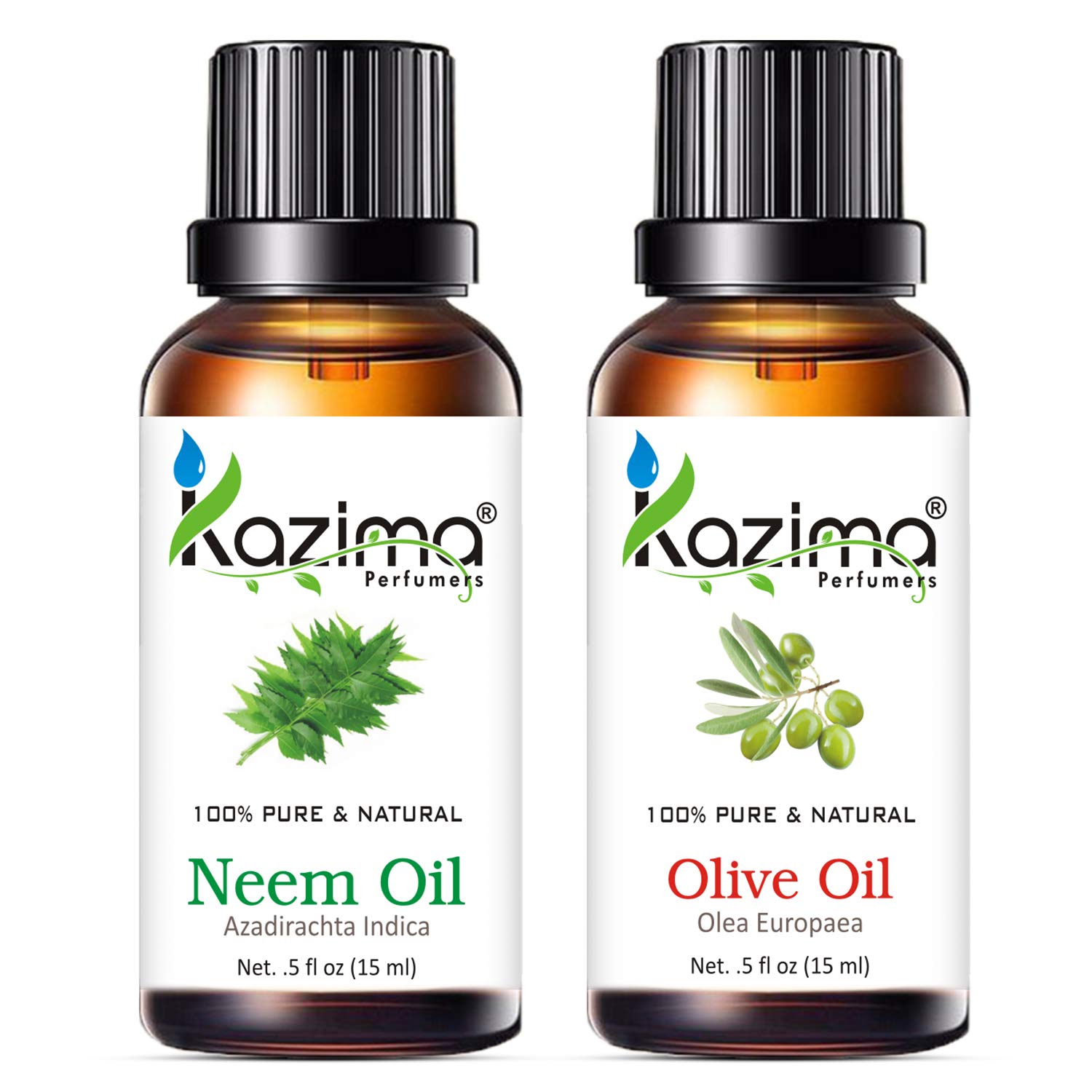 KAZIMA Neem Oil & Olive Oil Combo - 100% Pure Cold Pressed Carrier Oils for Acne, Scars, Wrinkles, Hair Growth, Massage & Skin Moisturizing (15ml Each) - Perfect for DIY Skincare, Aromatherapy & Natural Beauty Treatments