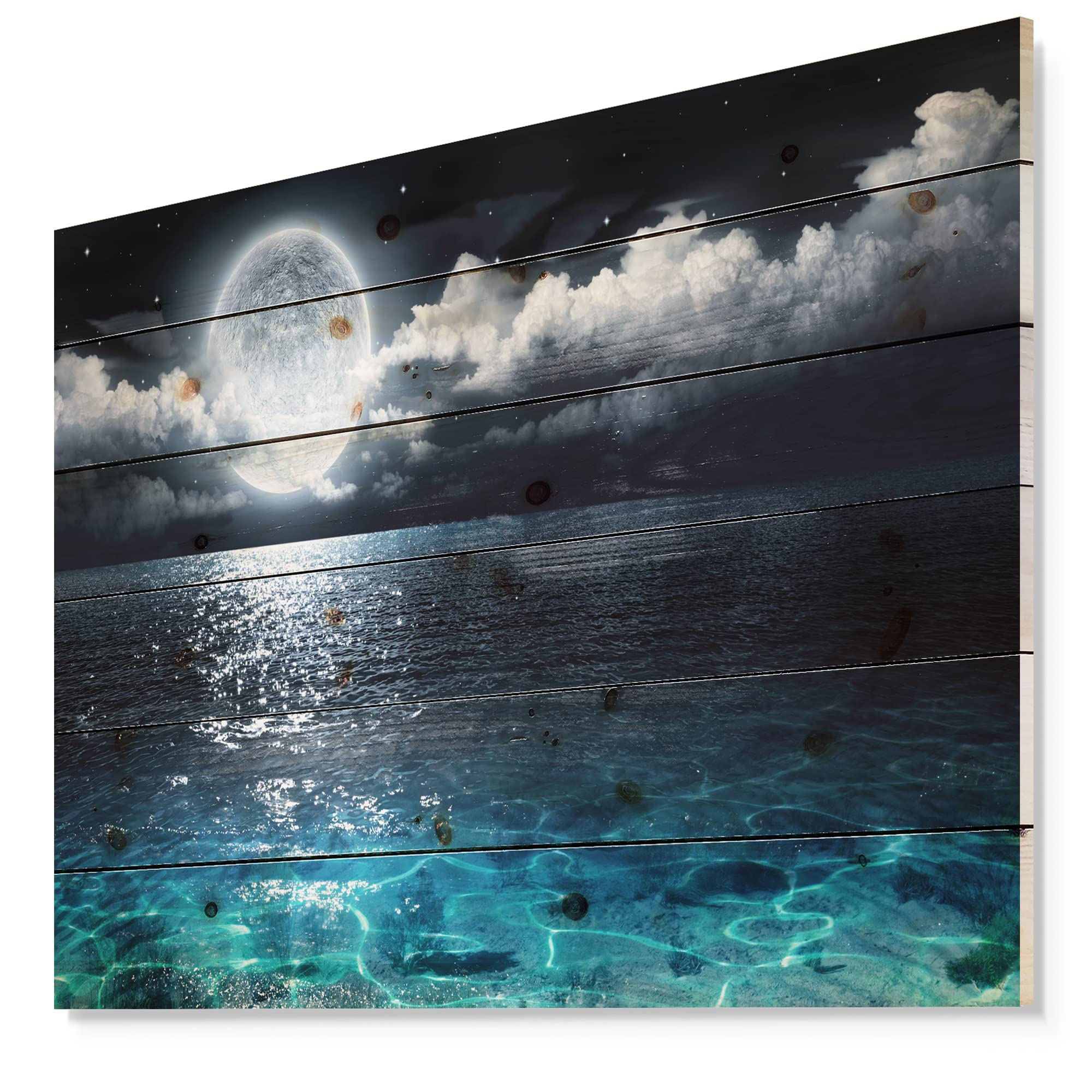 Romantic Full Moon Over Sea Nautical Wood Wall Art - Coastal Beach Decor Printed on Natural Pine Wood - Large Wooden Wall Panels for Living Room, Bedroom & Beach House Decor