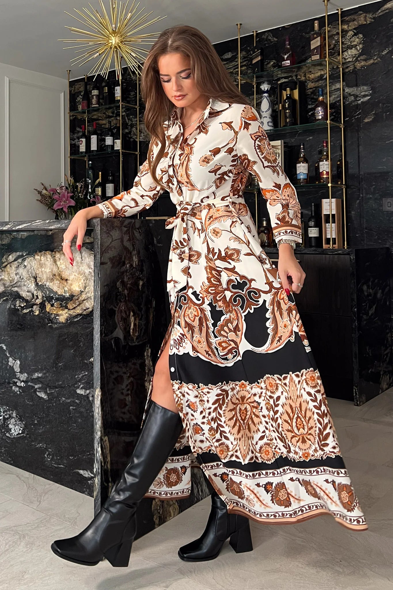 ANGELA BOARDER PRINT SHIRT MAXI DRESS in Brown | Flowy Long Sleeve Boho Dress for Women | Perfect for Beach Vacations, Date Nights & Summer Parties
