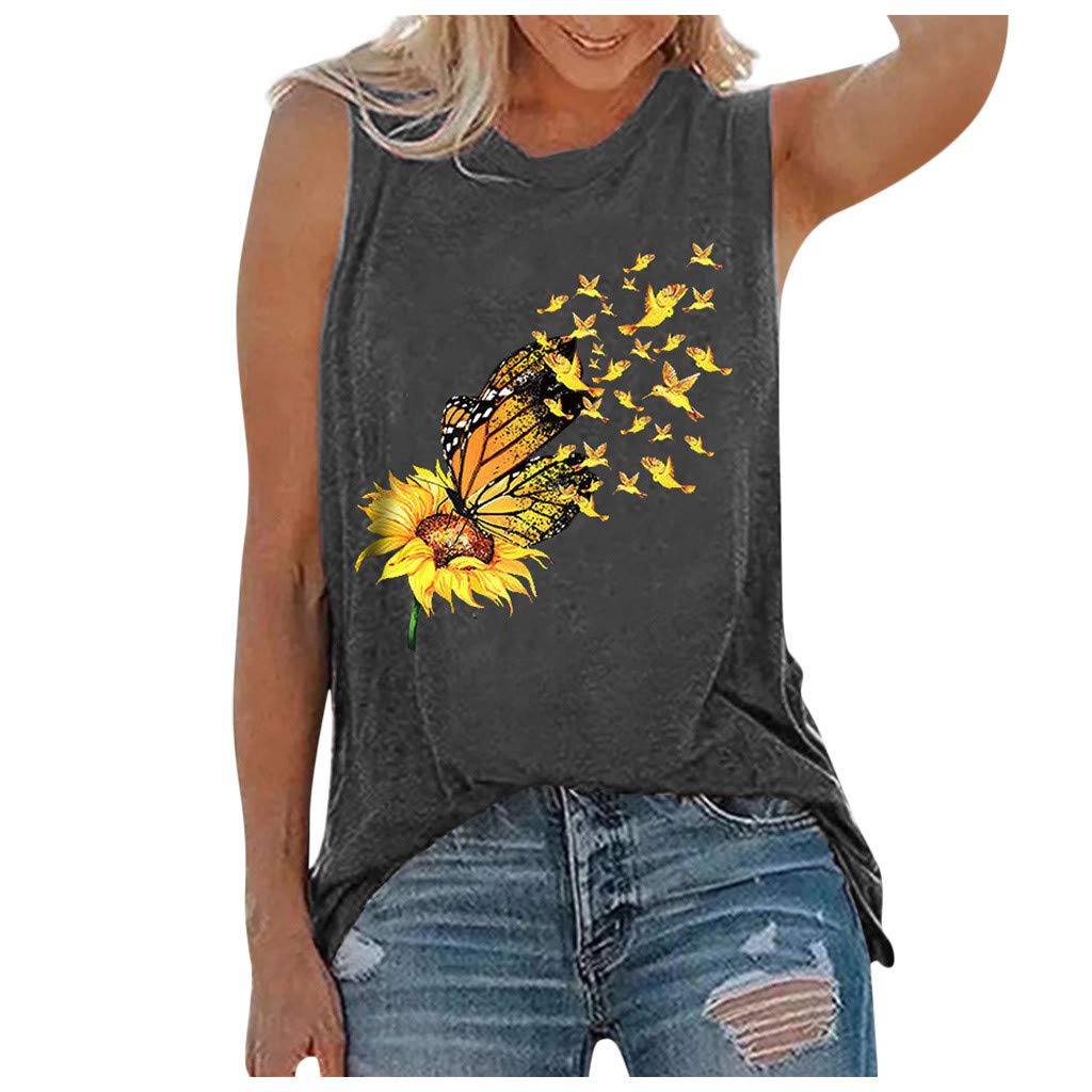 Women's Sunflower Print Tank Top - Funny Graphic Loose Sleeveless Cami Tee with Round Neck | Summer Casual Wear, Beach Outfit, Festival Fashion
