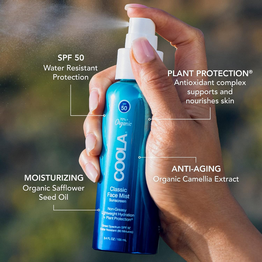 COOLA Classic Face Organic Sunscreen Mist SPF 50 - Lightweight, Non-Greasy, Reef-Safe Sun Protection for Daily Use & Outdoor Activities