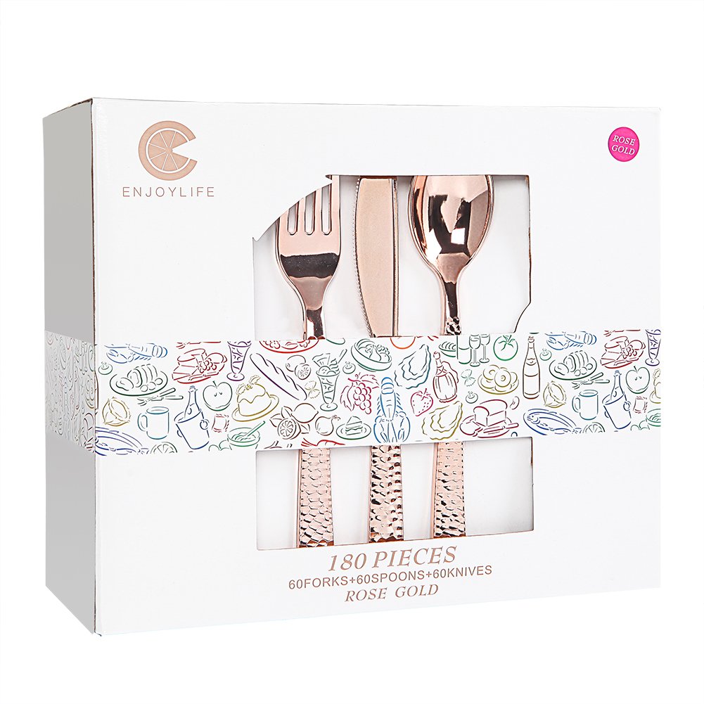 180-Piece Rose Gold Plastic Cutlery Set - Elegant Forks, Spoons & Knives for Parties, Weddings, Birthdays - Disposable Tableware for Outdoor Events, Picnics & Catering