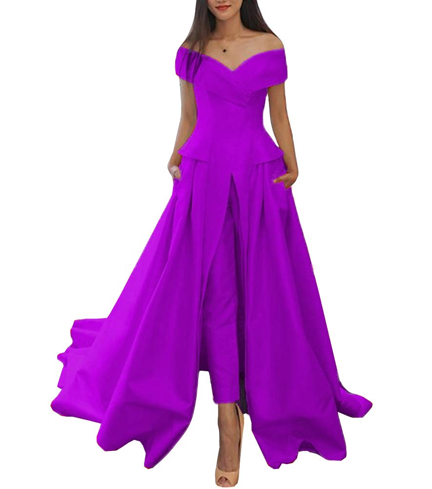 Elegant Women's Off Shoulder Satin Long Jumpsuit - Purple Evening Prom Dress for Parties, Weddings & Special Occasions | Plus Size Options Available