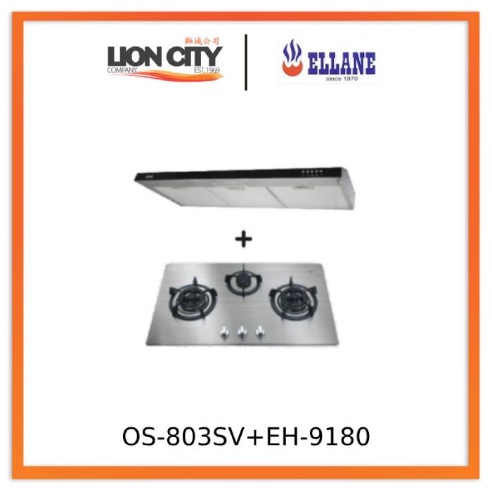 Ellane 60cm/90cm Slimline Range Hood with Black Panel EH 9180 + Ellane OS 803SV 86cm 3-Burner Gas Cooktop - Modern Kitchen Ventilation System for Home Cooking & Smoke Removal