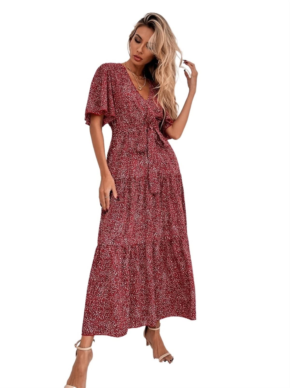VIYAN Women's Summer Casual Dress - Floral Print Short Sleeve Ruffle Hem Belted Midi Dress | Perfect for Beach Vacation, Date Night & Summer Parties