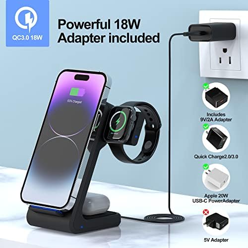 3-in-1 Fast Wireless Charging Station Stand for iPhone 15/14/13/12/Pro/Max, Samsung Galaxy S23/S22/S21/Note, AirPods - Qi Certified Charger Pad for Home, Office & Nightstand (Black)