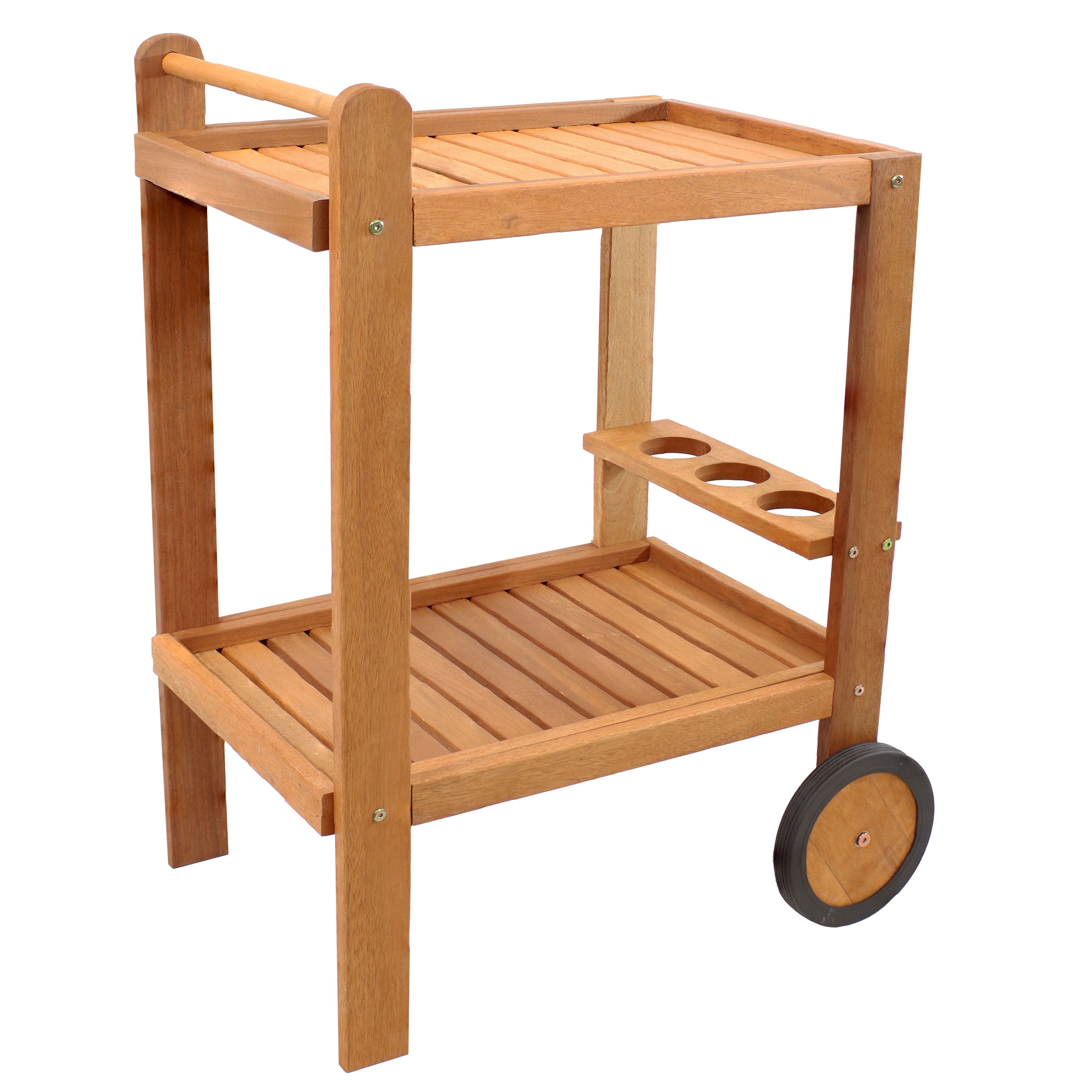 Sunnydaze Outdoor Wood Bar Cart with Wheels - Malaysian Hardwood Rolling Drink Cart for Patio, Garden, Poolside & Backyard Entertaining
