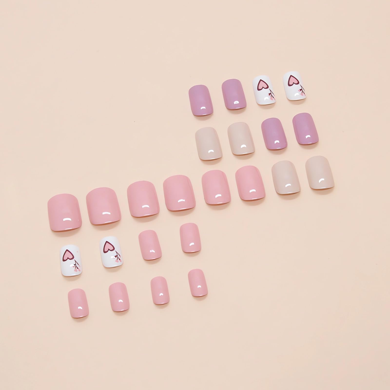 Valentine's Day Press On Nails Short Square Fake Nails - 24Pcs Heart Design Glossy Pink False Nails with Glue | Full Cover Stick On Nails for Women | Perfect for Date Night, Bridal Shower & Romantic Occasions
