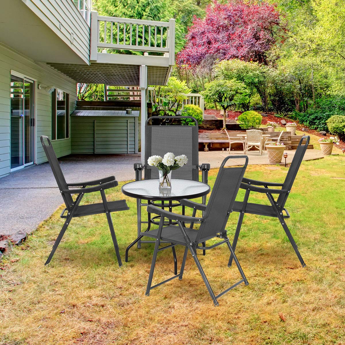 GOFLAME Set of 4 Folding Sling Chairs with Armrests - Lightweight Portable Outdoor & Indoor Patio Furniture for Backyard, Poolside, Lawn, Garden, and Camping - Perfect for Relaxing, Lounging, and Entertaining Guests