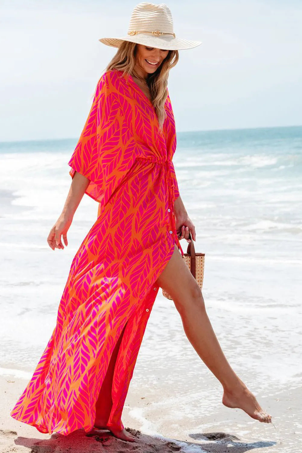 Stylish Printed V Neck Maxi Dress with Drawstring Waist - Perfect for Beach Vacations, Summer Parties & Casual Outings