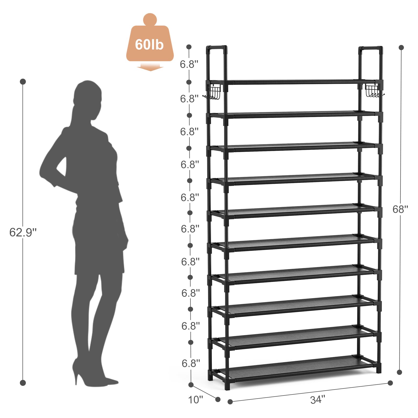 VTRIN 10-Tier Large Capacity Shoe Rack Organizer - Holds 50 Pairs with 2 Hooks - Sturdy Metal Shoe Shelf for Entryway, Closet & Bedroom - Perfect for Home, Apartment & Dorm Organization