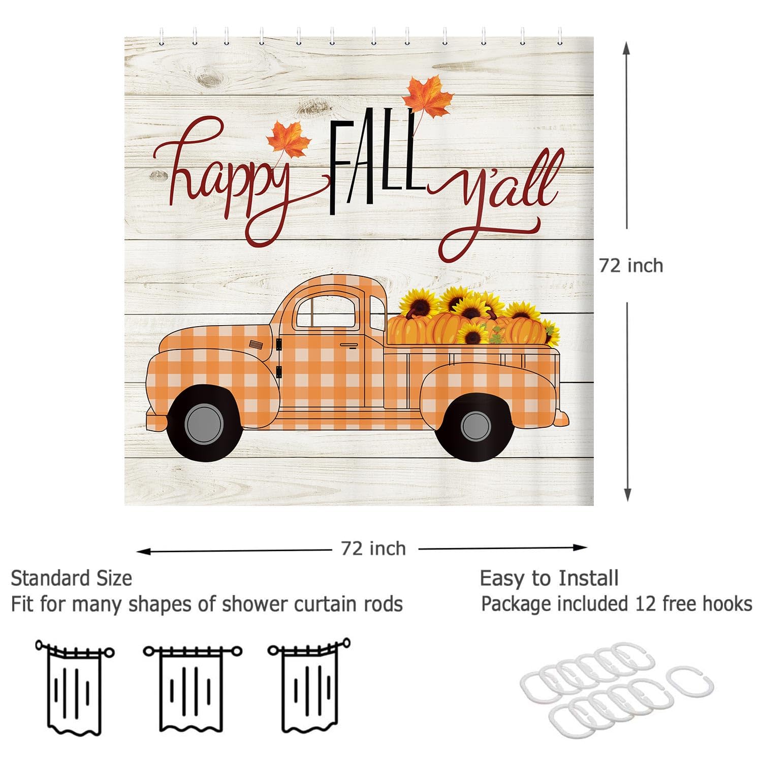 JAWO Fall Shower Curtain - Thanksgiving Harvest Pumpkin Sunflower Truck Maple Leaves Bathroom Decor, Autumn Farmhouse Orange Printed Polyester Fabric Bath Curtain with Hooks 72x72 - Perfect for Seasonal Bathroom Makeover & Cozy Autumn Atmosphere