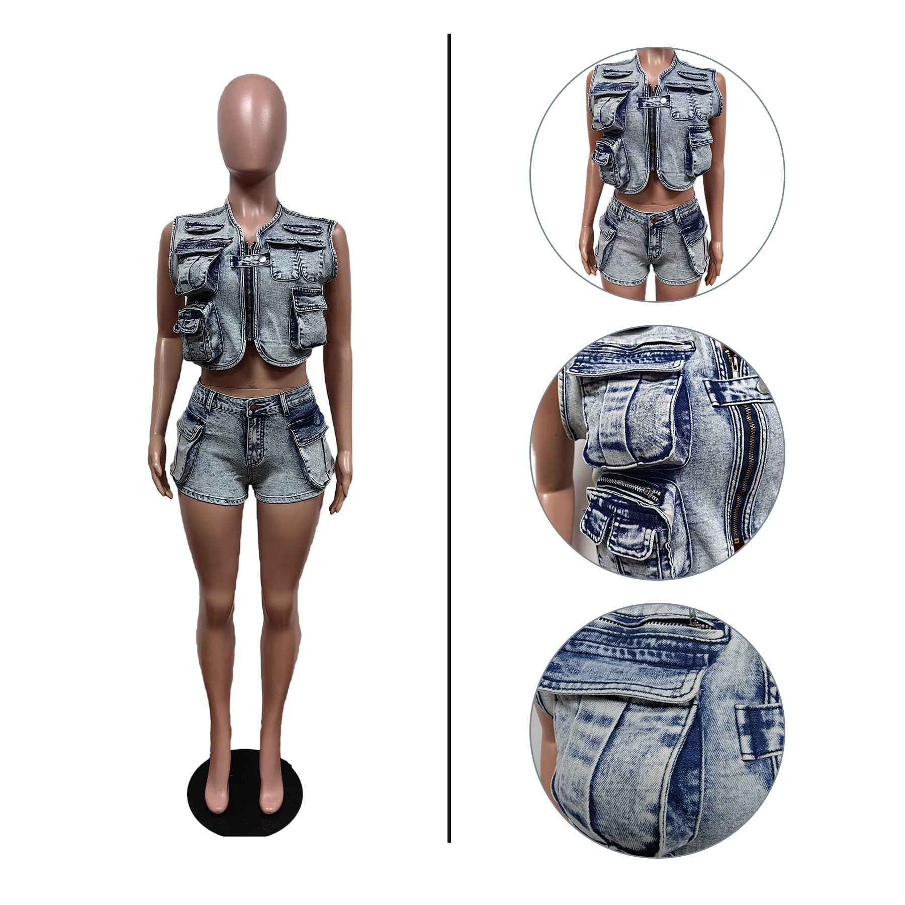 Women's Summer Denim Cargo 2-Piece Outfit Set - Sleeveless Vest & Mini Shorts with Pockets | Casual Streetwear, Beach Vacation, Music Festival Fashion