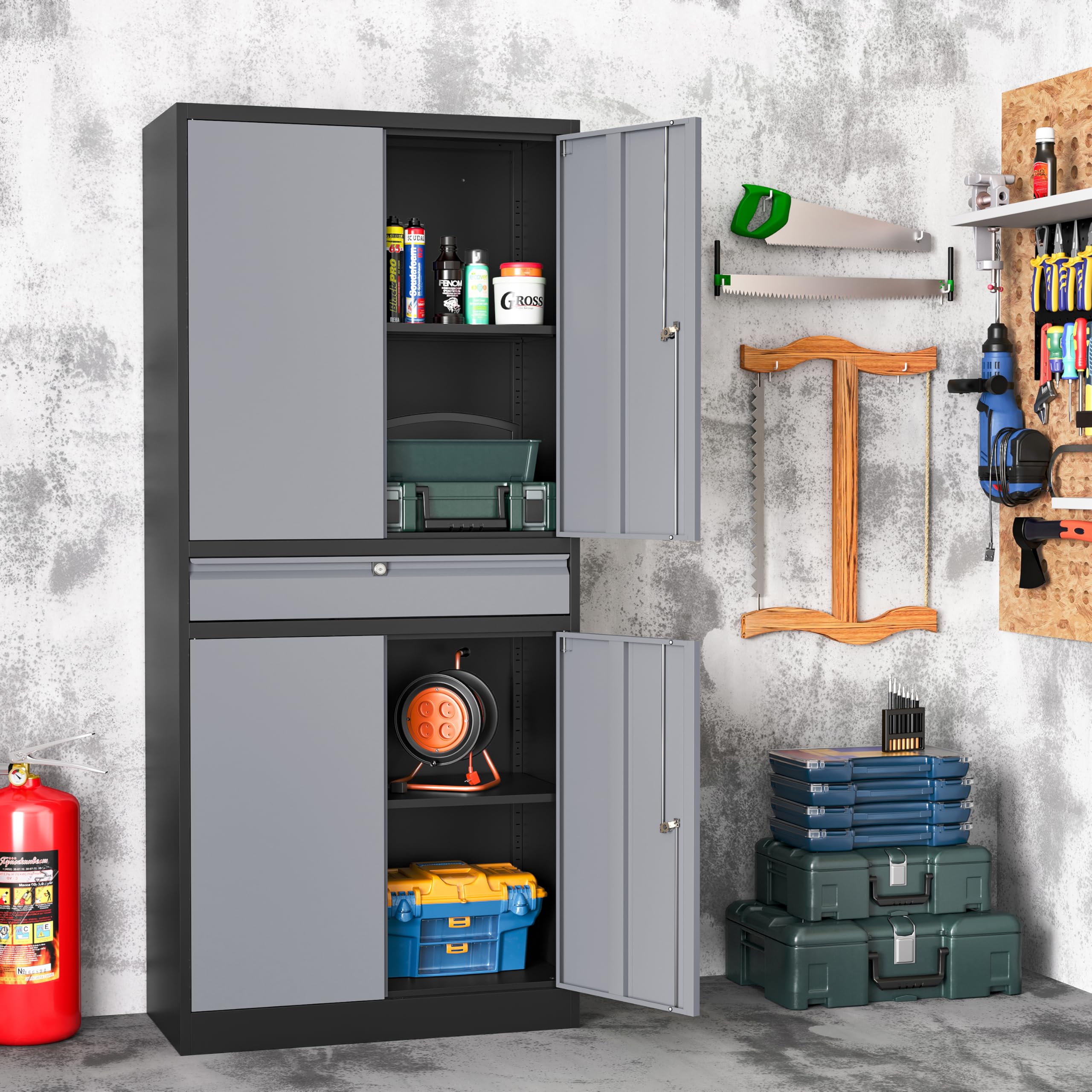 Heavy Duty Metal Storage Cabinet with Drawer - Locking Garage Cabinet with Adjustable Shelves for Home, Office & Warehouse Organization - Perfect for Tools, Supplies & Equipment Storage