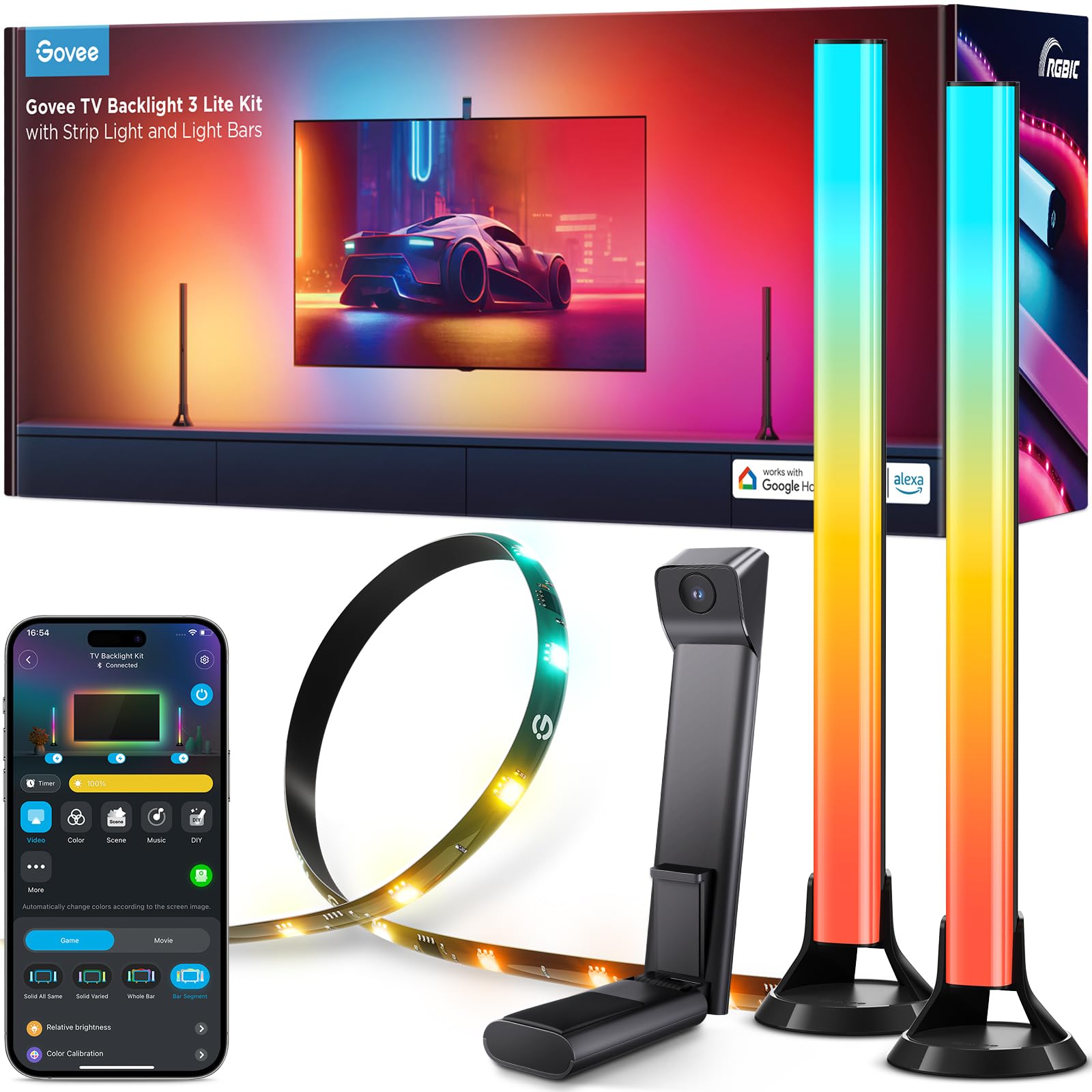Govee TV Backlight 3 Lite Kit - 11.8ft RGBICW Wi-Fi LED Strip Lights for 55-65 Inch TVs with Camera & 15