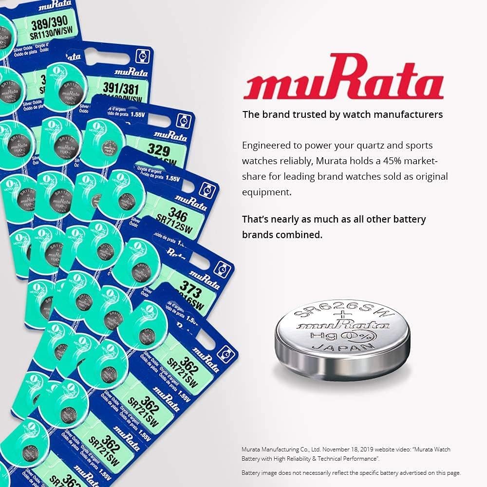 Murata 377 SR626SW 1.55V Silver Oxide Watch Battery - 2 Pack, Replacement for Sony 377 - Perfect for Watches, Calculators, Cameras & Small Electronics