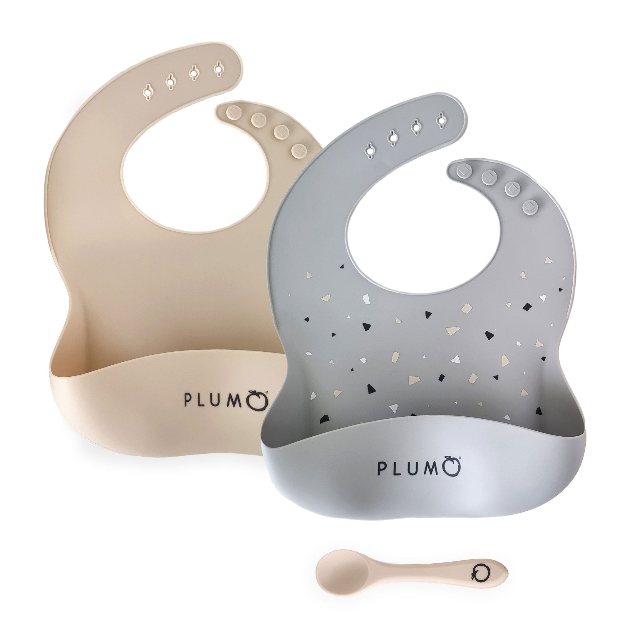 PLUM 3 Piece Silicone Baby Bib and Spoon Set - BPA Free, Soft & Durable for Toddlers - Ash/Sand Color - Perfect for Messy Mealtime, Travel & Daycare Use