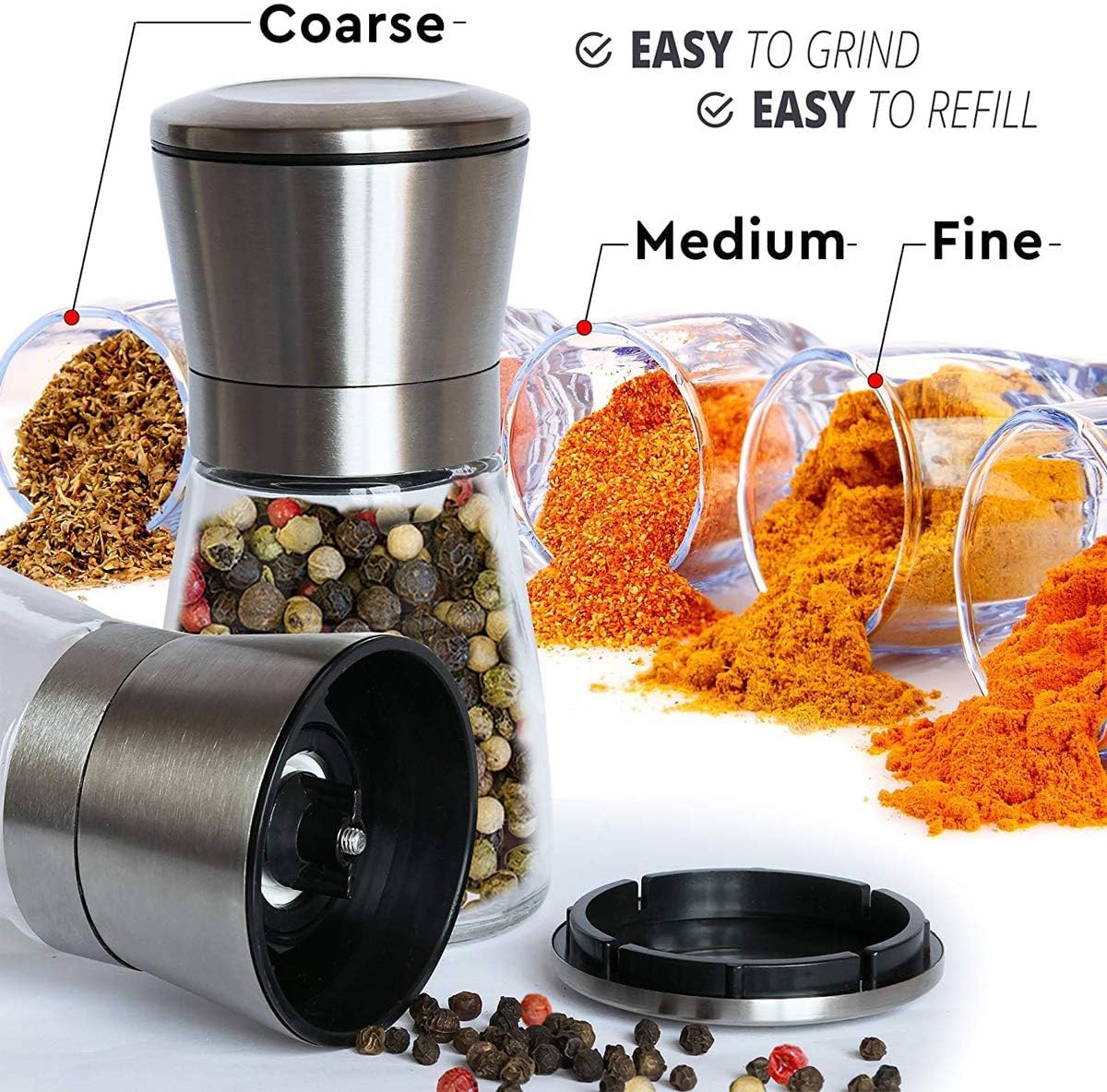 Premium Stainless Steel Sea Salt and Pepper Grinder Set - Manual Adjustable Ceramic Mill for Kitchen - Tall Glass Spice Grinder with Coarseness Control - Easy to Use & Refill - Perfect for Cooking, Baking & Table Seasoning (Small, 1-Pack)