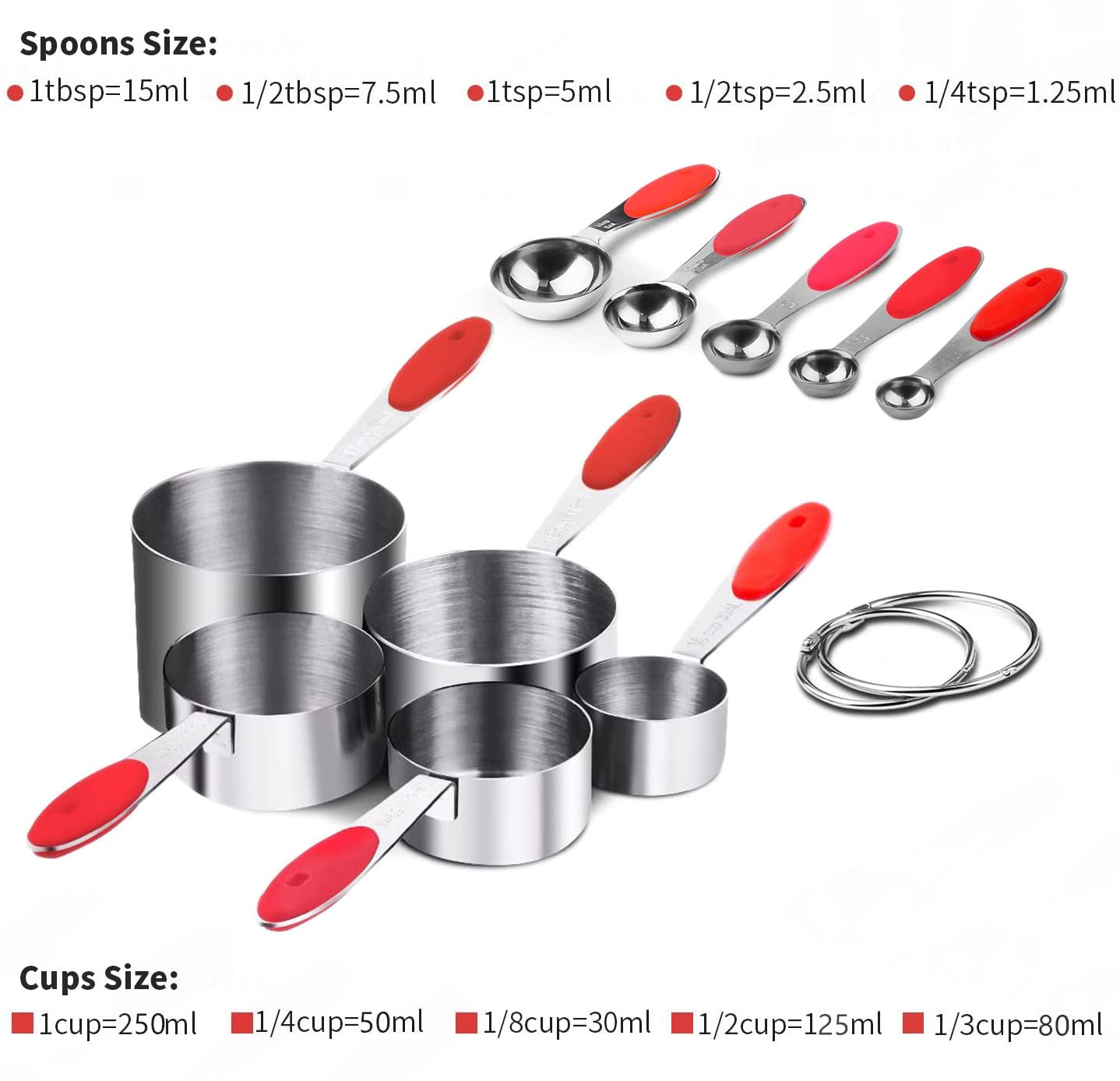 10-Piece Stainless Steel Measuring Spoons and Cups Set with BPA-Free Silicone Grips - Accurate Kitchen Measuring Tools for Cooking, Baking & Meal Prep - Dishwasher Safe, Red