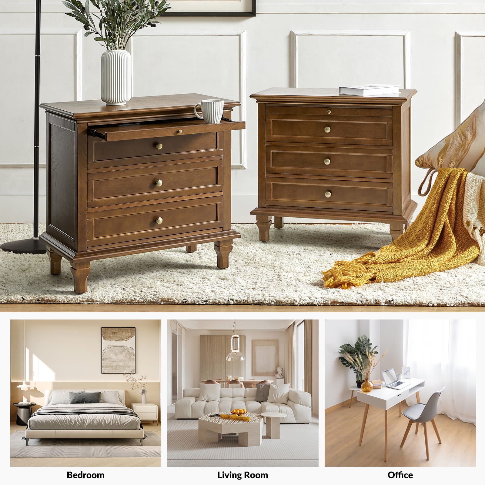 Galatea 3-Drawer Nightstand with USB Charging Ports & Power Outlets - Modern Bedside Table with Storage for Bedroom, Living Room or Office