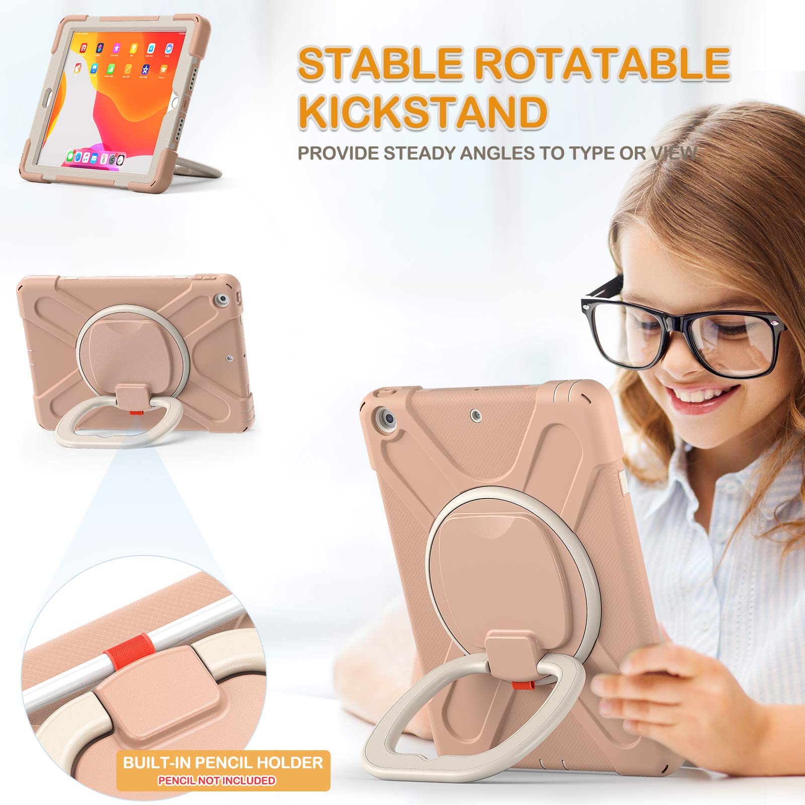 BRAECN Kids Protective Case for iPad 9th/8th/7th Generation (2021/2020/2019) 10.2 Inch - Shockproof Silicone Cover with Shoulder Strap, Handle Grip, Stand, Built-in Screen Protector & Apple Pencil Holder - Rose Gold | Perfect for School, Travel & Home Use