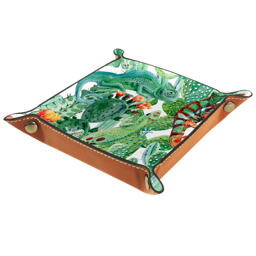 Lyetny Chameleon & Cactus Travel Valet Tray - Bedside Organizer Storage Box for Jewelry, Keys, Wallet & Coins (20.5x20.5cm) - Perfect for Nightstand, Dresser & Travel Essentials Organization