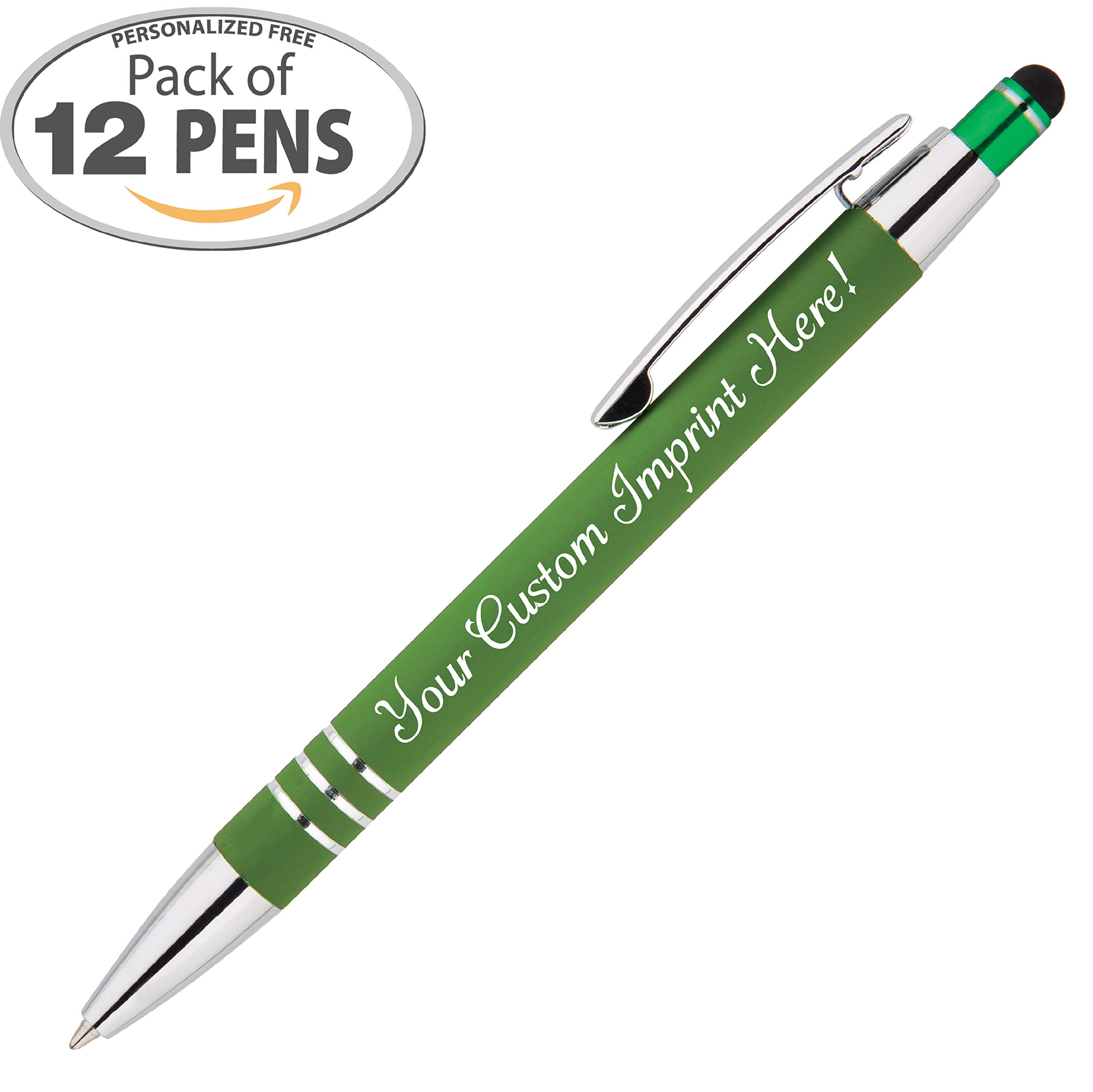 Premium Personalized Ballpoint Pens - Soft Touch Rubberized Grip with Stylus Tip, Medium Point Black Ink (Box of 12, Light Green) - Ideal for Office, Gifts & Note-Taking