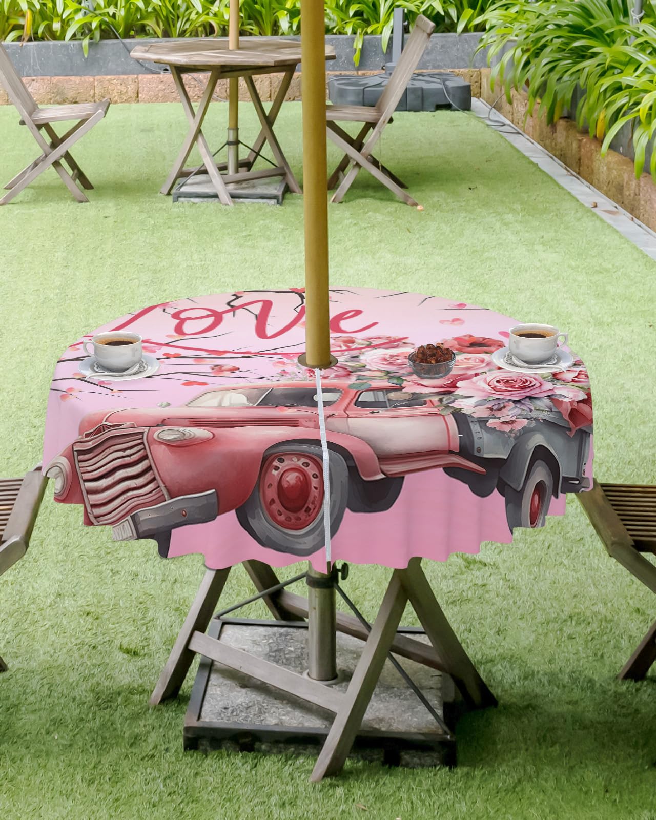 Waterproof Round Tablecloth with Umbrella Hole - 60 Inch Zippered Outdoor Picnic Table Cover for Valentine's Day, BBQ, Party, Garden & Patio - Love Heart Branch Truck Flower Design | Perfect for Outdoor Dining, Picnics, and Backyard Gatherings