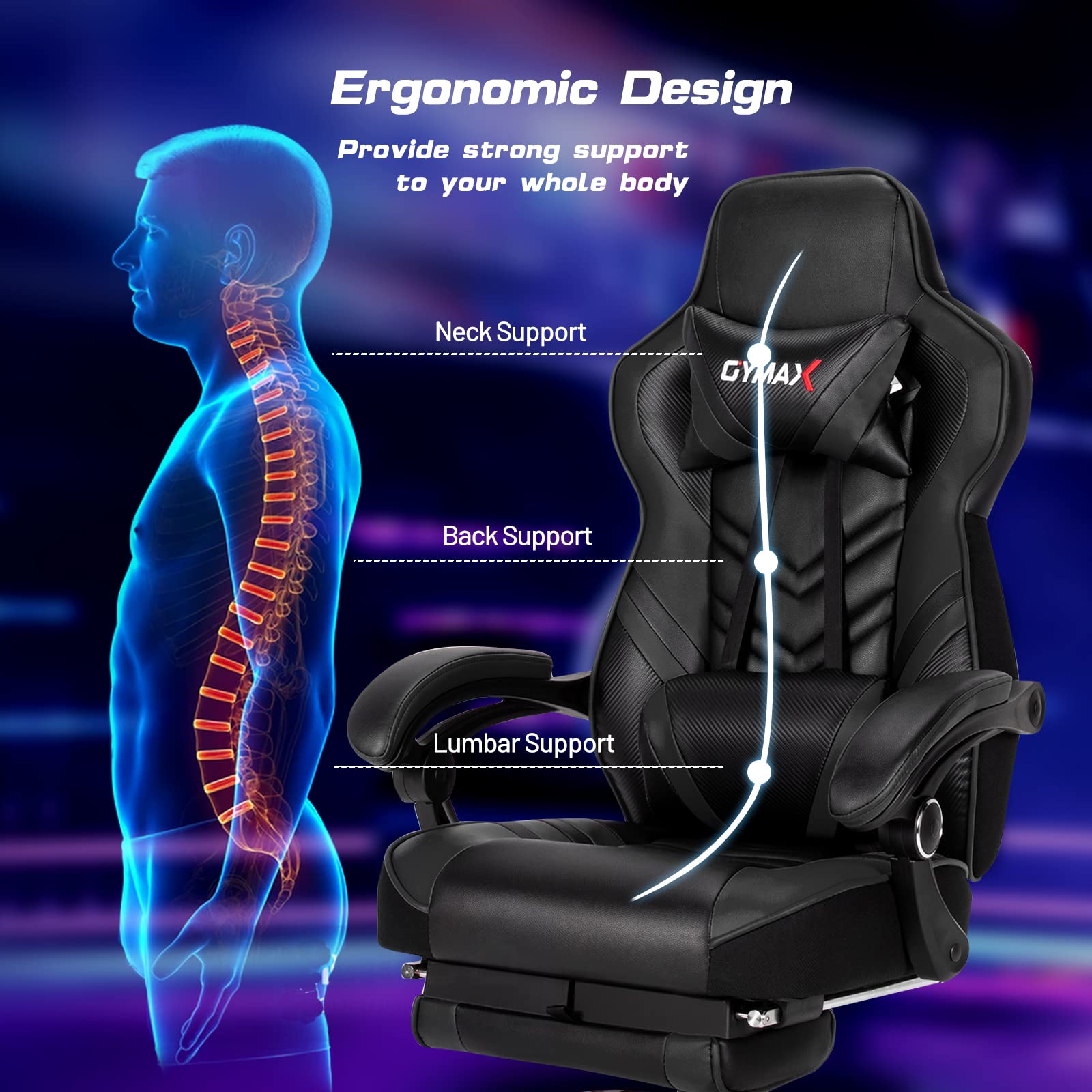 Premium Black Gaming Chair - Ergonomic High Back Computer Chair for Adults & Teens with Lumbar Support, Headrest & Retractable Footrest - Racing Style Reclining Gamer Chair for PC, Office & Esports Gaming Setup