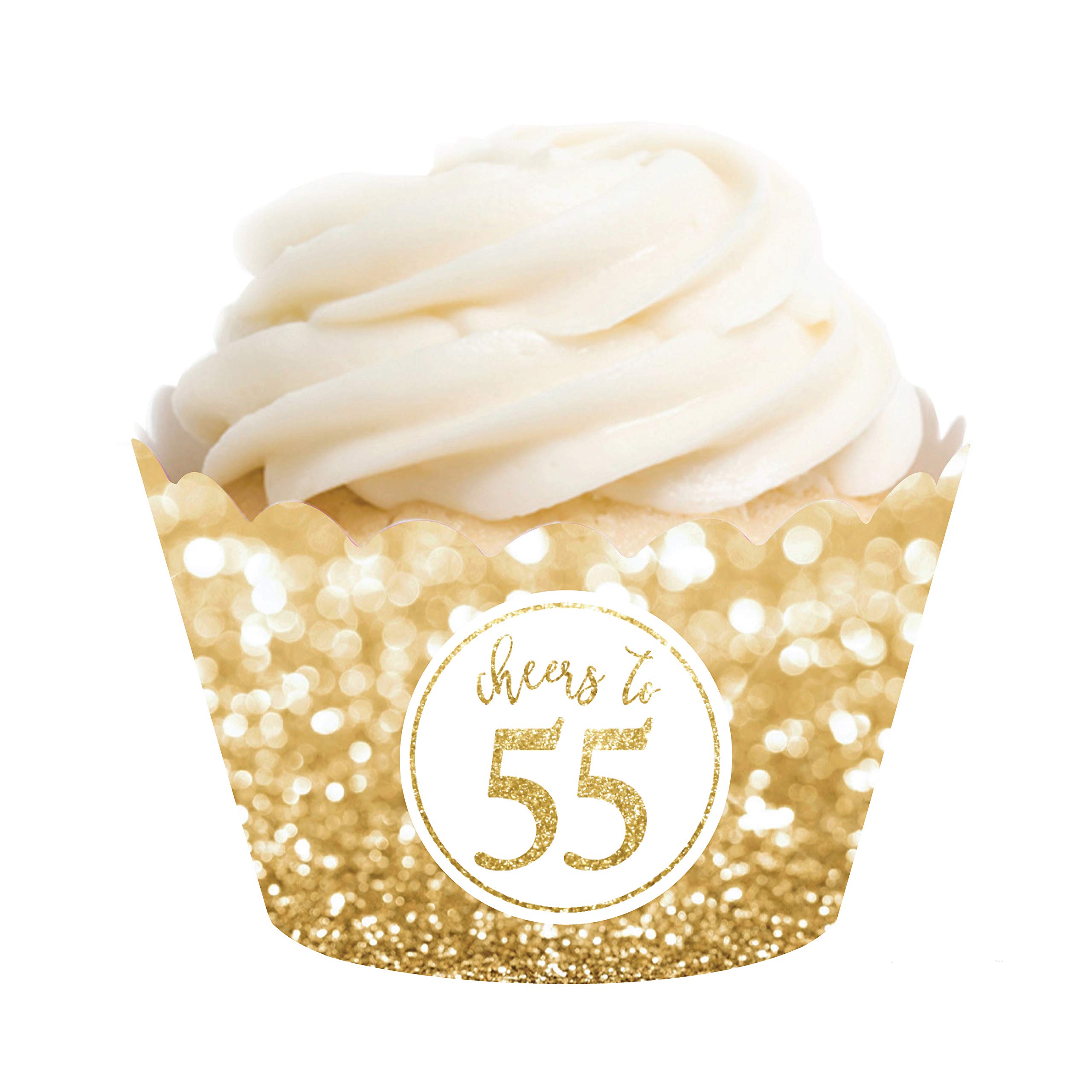 55th Birthday or Anniversary Cupcake Wrappers - 24-Pack Glitzy Gold Glitter Decorations (Non-Real Glitter) for Parties, Celebrations & Special Events