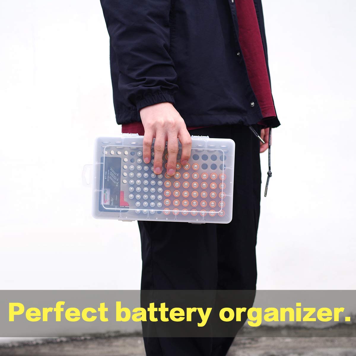Premium Battery Storage Organizer Box with Built-in Tester - Holds 120+ AA AAA Lithium CR123 LR44 CR2016 CR2032 Batteries (Batteries Not Included) - Perfect for Garage, Workshop & Home Organization
