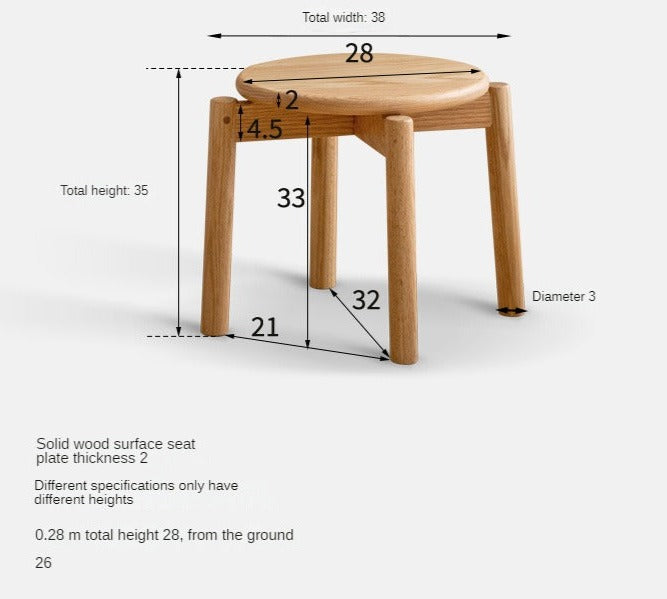 Solid Oak Wood Round Stackable Stool - Rustic Home Decor, Kitchen Island Seating, Bar Stool for Dining Room & Outdoor Use