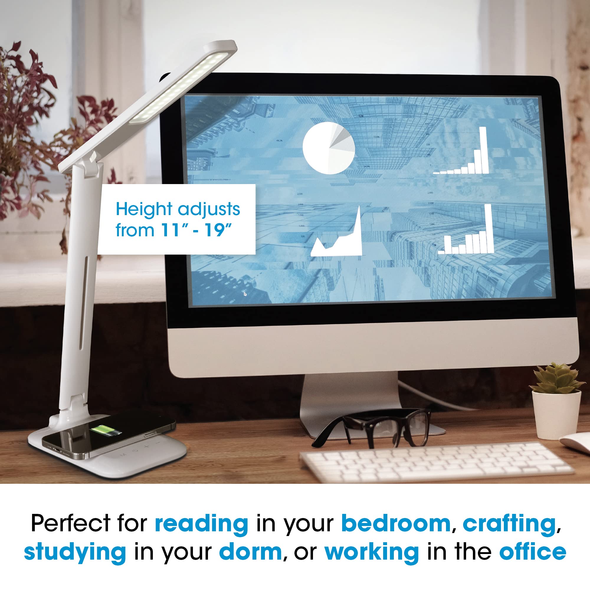 OttLite Charge Up LED Desk Lamp with Wireless Qi Charging & USB Port | ClearSun LED Technology | Adjustable Neck & 3 Color Modes | Eye Strain Relief | Perfect for Home Office, Study & Travel Workspaces